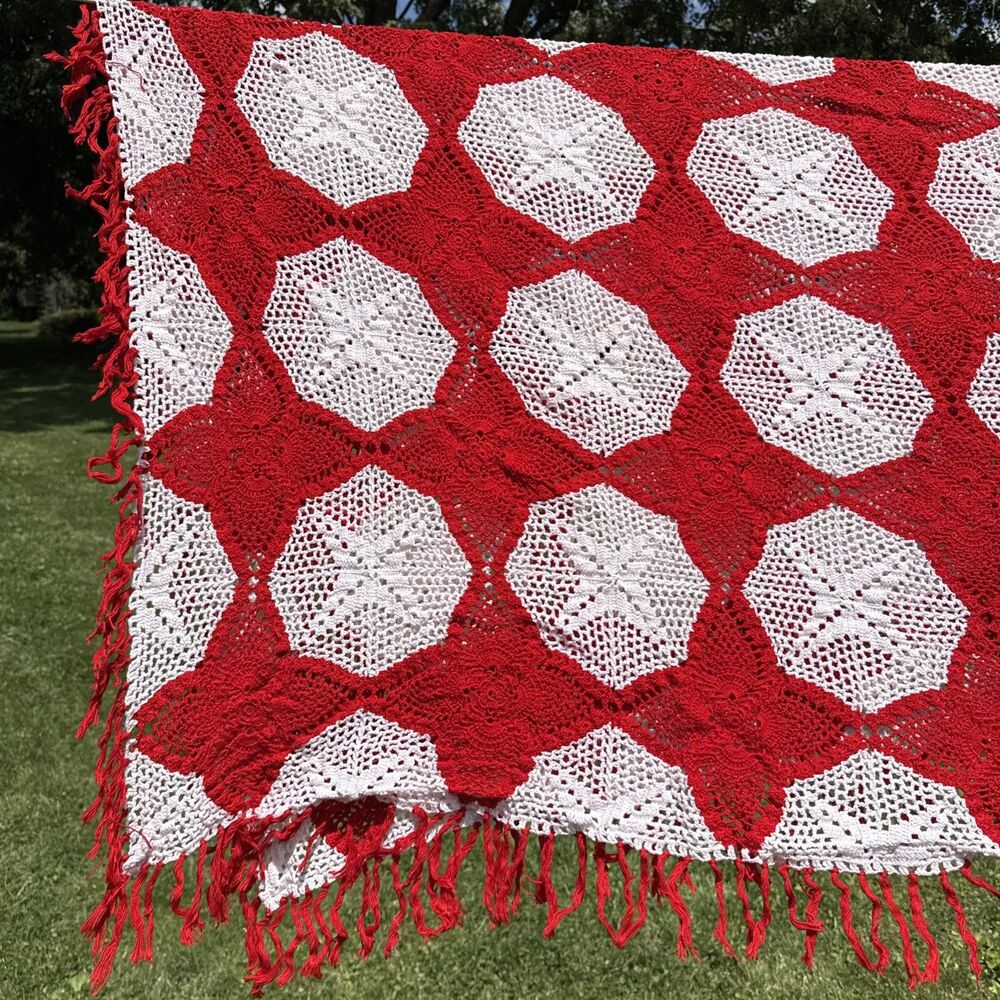 Vintage Red White Crochet Blanket Afghan Medallion Fringed Edge Grandma Cottage